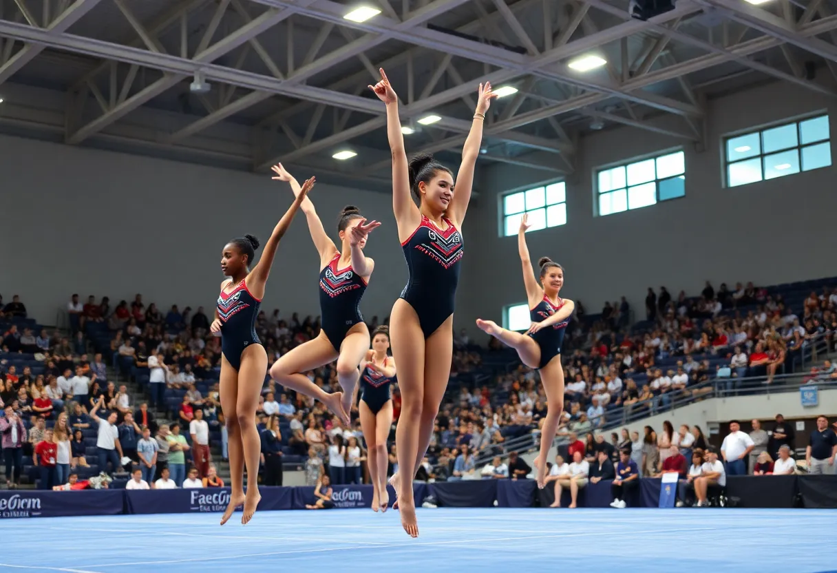 Michigan State gymnastics athletes performing routines together