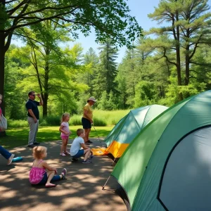 Families enjoying a sunny day at Michigan state parks with park staff assisting visitors