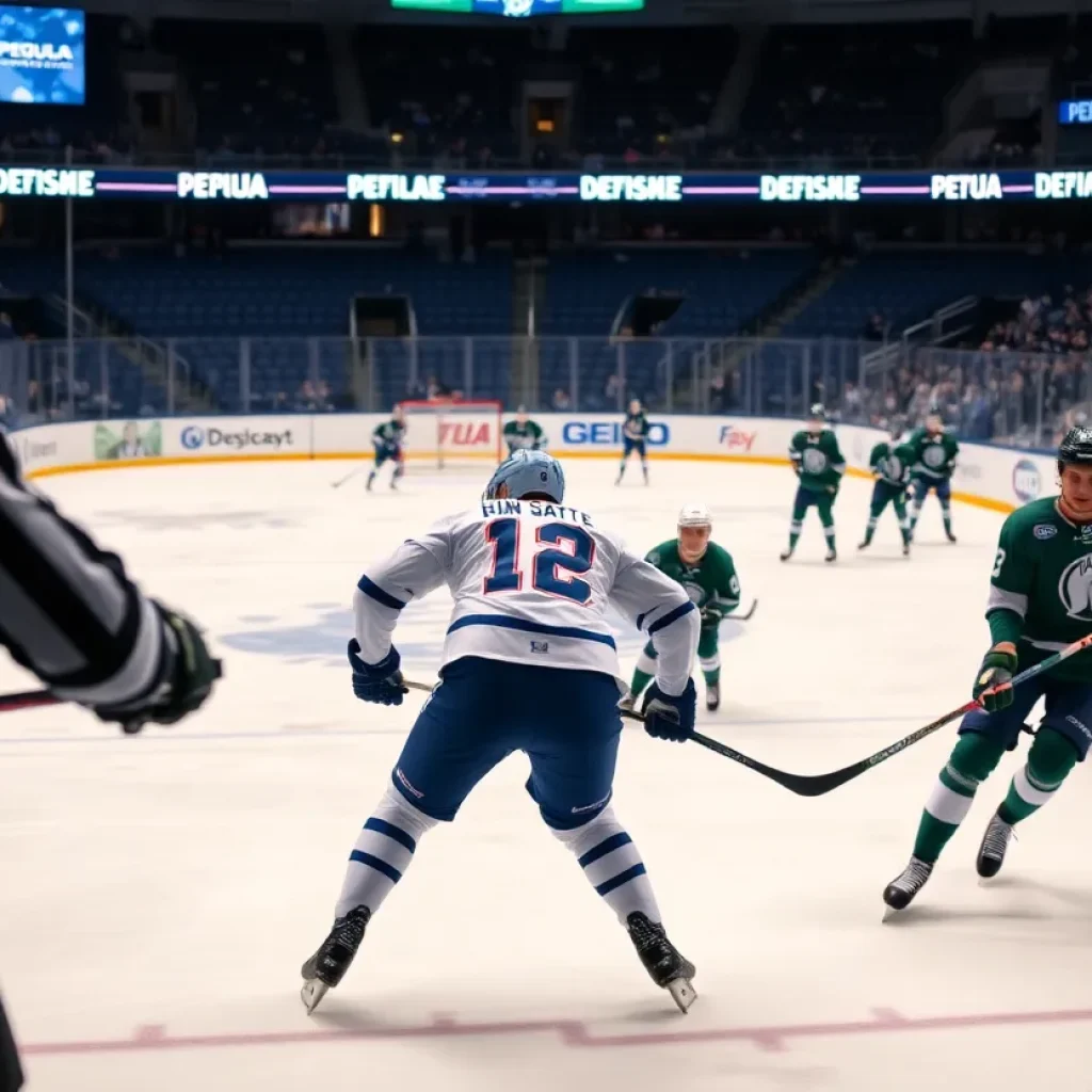 Players from Michigan State and Penn State compete in hockey at Pegula Ice Arena.