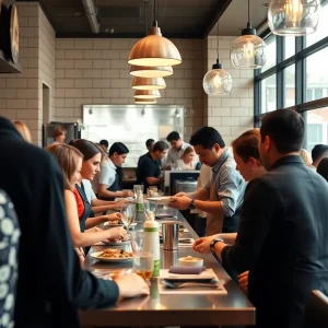 Busy restaurant with wait staff attending to customers