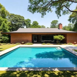 Exterior view of a Mid-Century Modern home with a brick facade and lush yard.