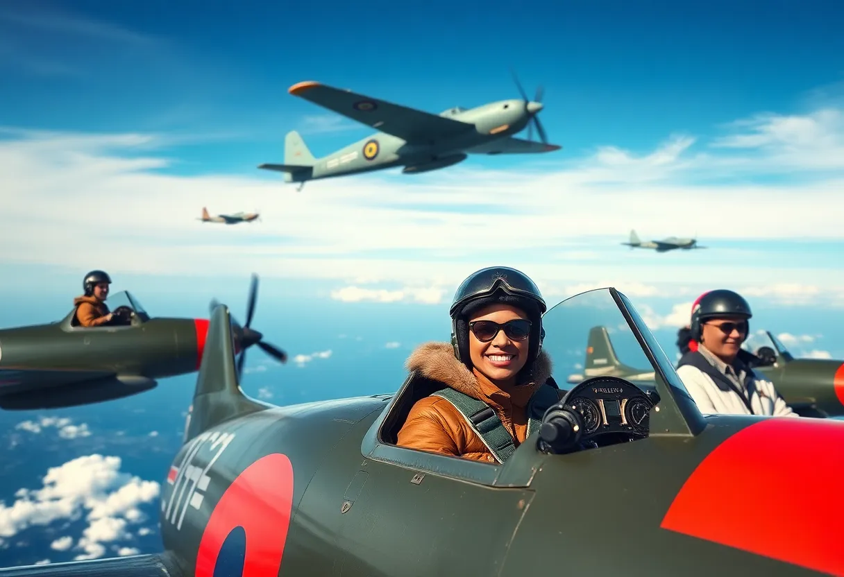 A depiction of diverse pilots flying vintage military aircraft