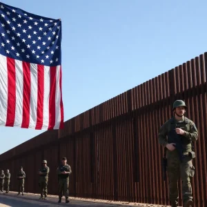 Military personnel at the U.S.-Mexico border with an American flag