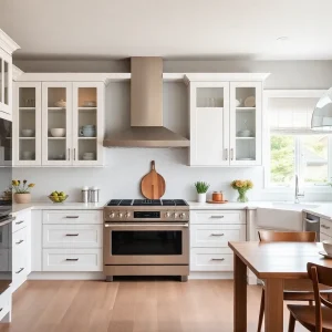 Renovated kitchen featuring Shaker cabinets and glass-front cabinetry