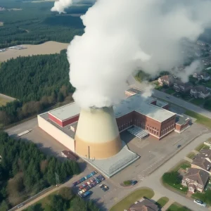 Aerial view of Moss Landing Power Plant with smoke and firefighting efforts