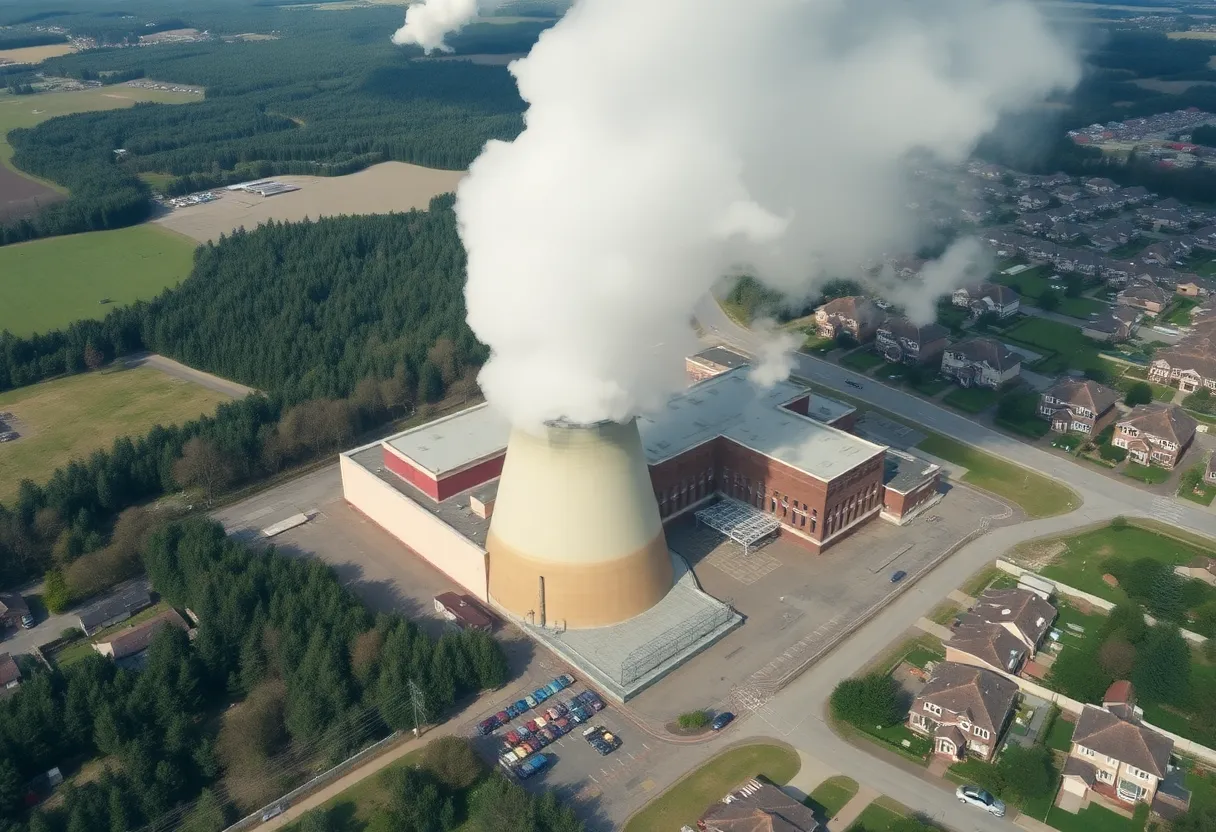 Aerial view of Moss Landing Power Plant with smoke and firefighting efforts