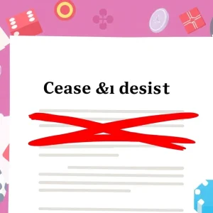 Illustration of cease-and-desist notice with gambling icons