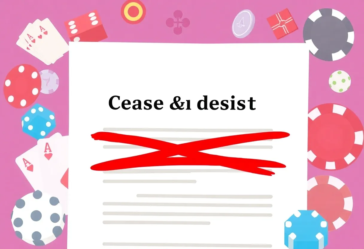 Illustration of cease-and-desist notice with gambling icons