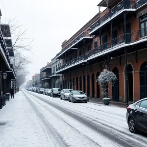 Snow-covered French Quarter in New Orleans during winter storm