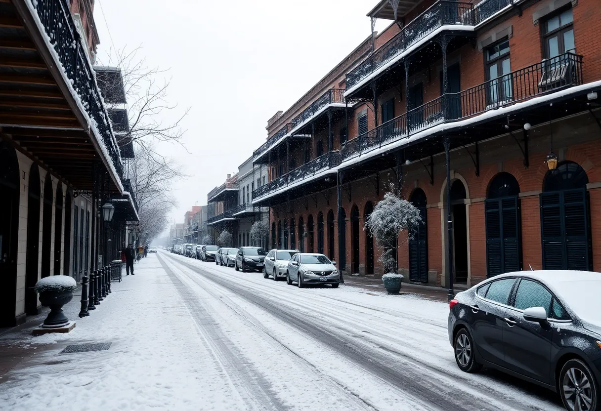 Snow-covered French Quarter in New Orleans during winter storm