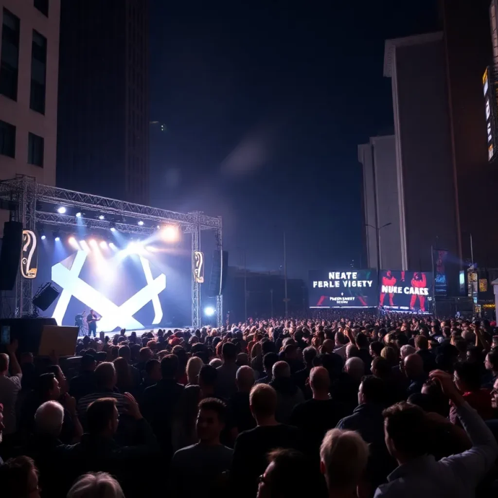 Crowd at a concert venue lighting up with excitement