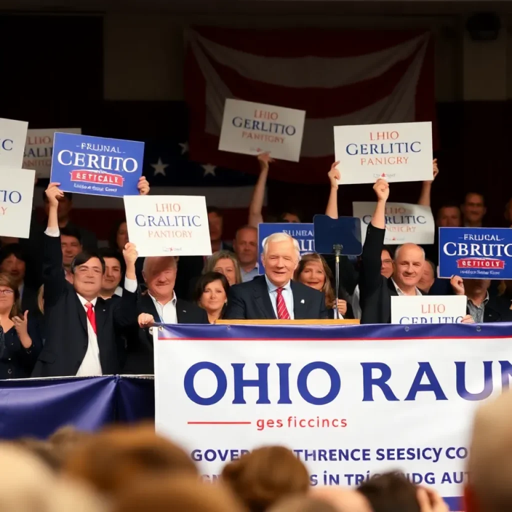 A bustling political rally in Ohio with diverse individuals supporting a gubernatorial candidate.