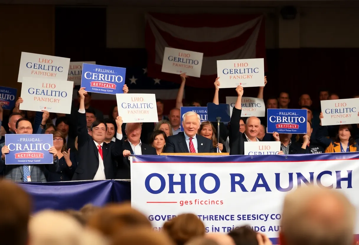 A bustling political rally in Ohio with diverse individuals supporting a gubernatorial candidate.