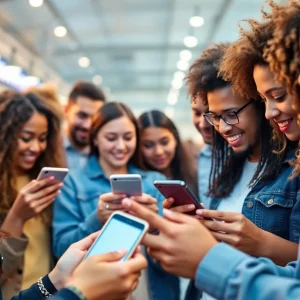 People engaging with social media on phones, highlighting organic interaction.