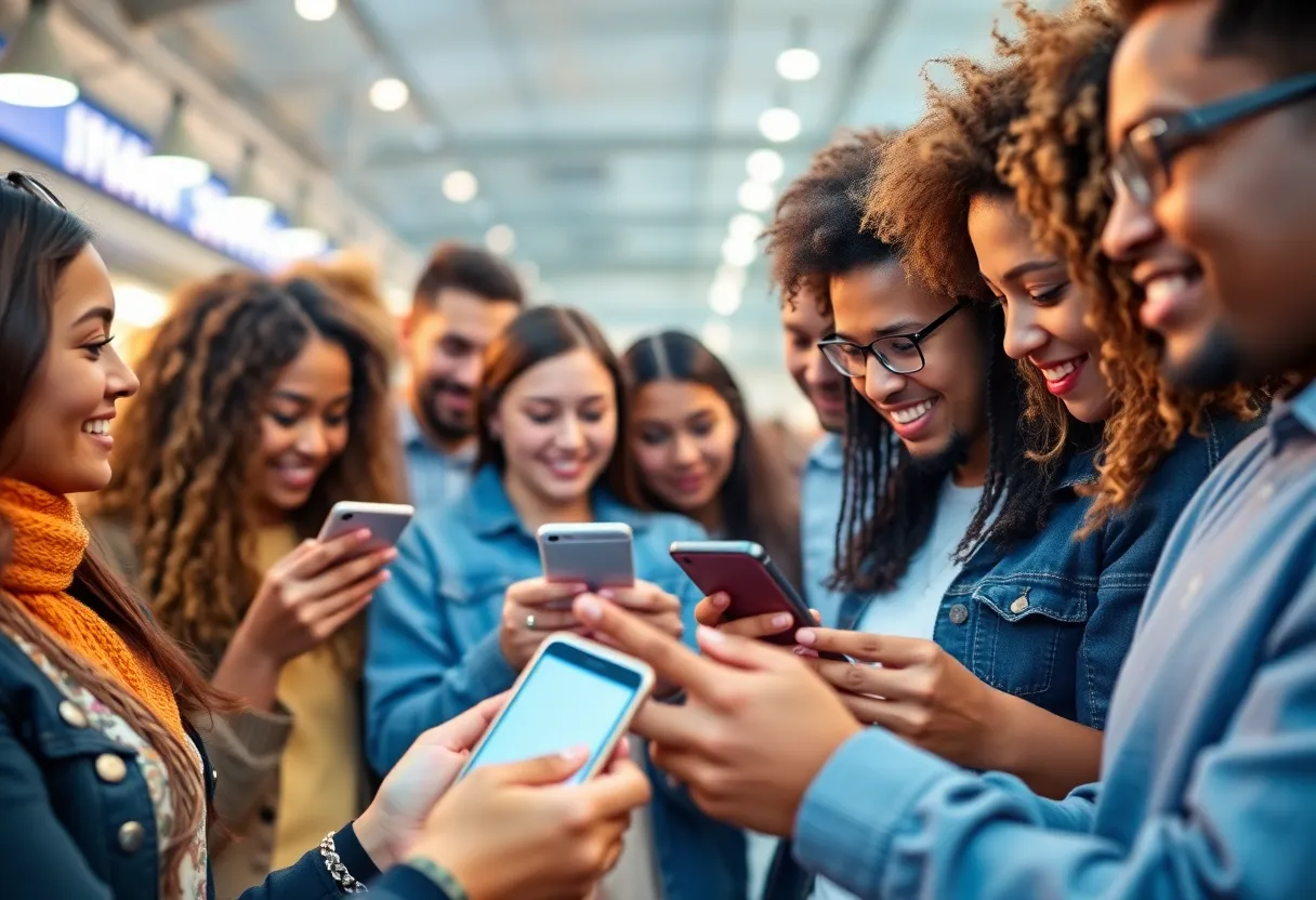 People engaging with social media on phones, highlighting organic interaction.