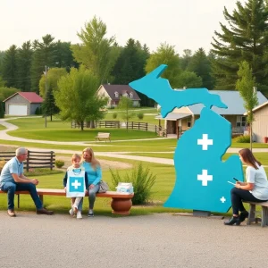 A visual representation of palliative care in rural Michigan with healthcare symbols.