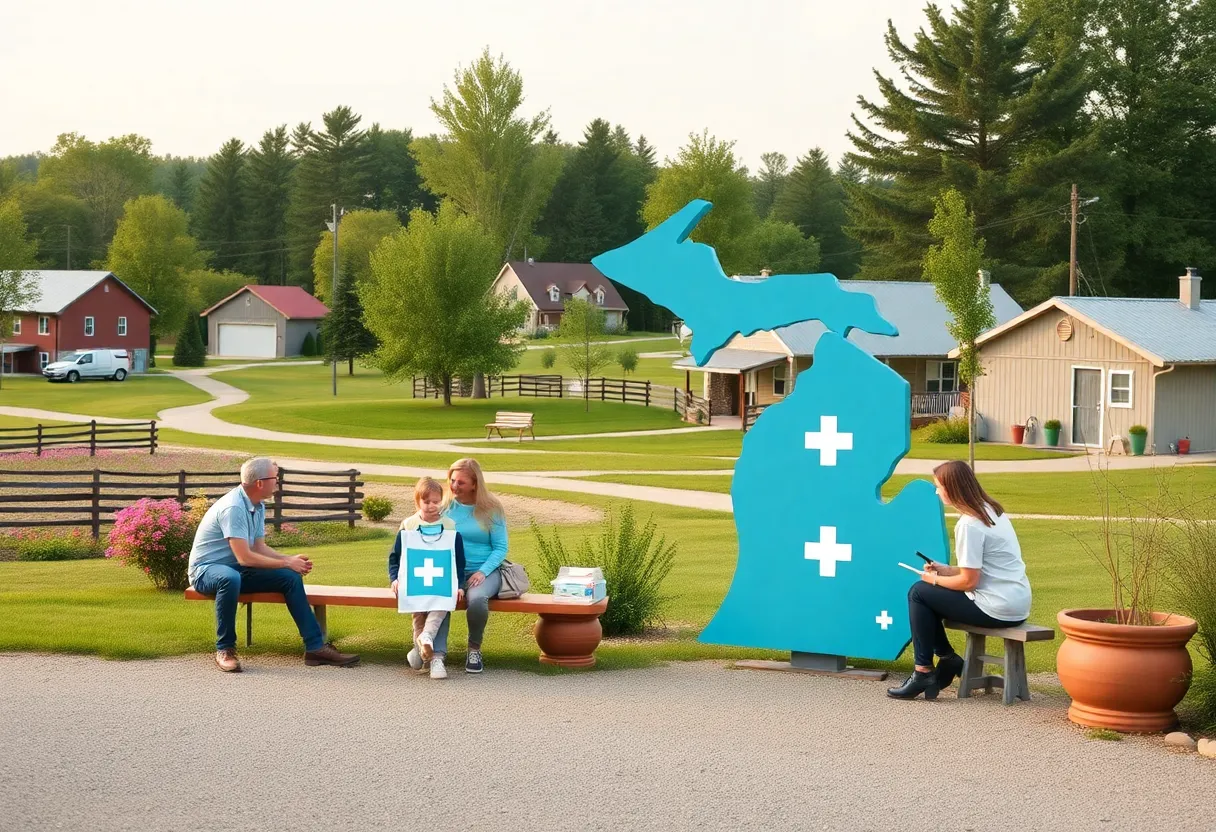 A visual representation of palliative care in rural Michigan with healthcare symbols.