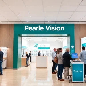 Interior view of a Pearle Vision eye care center with customers