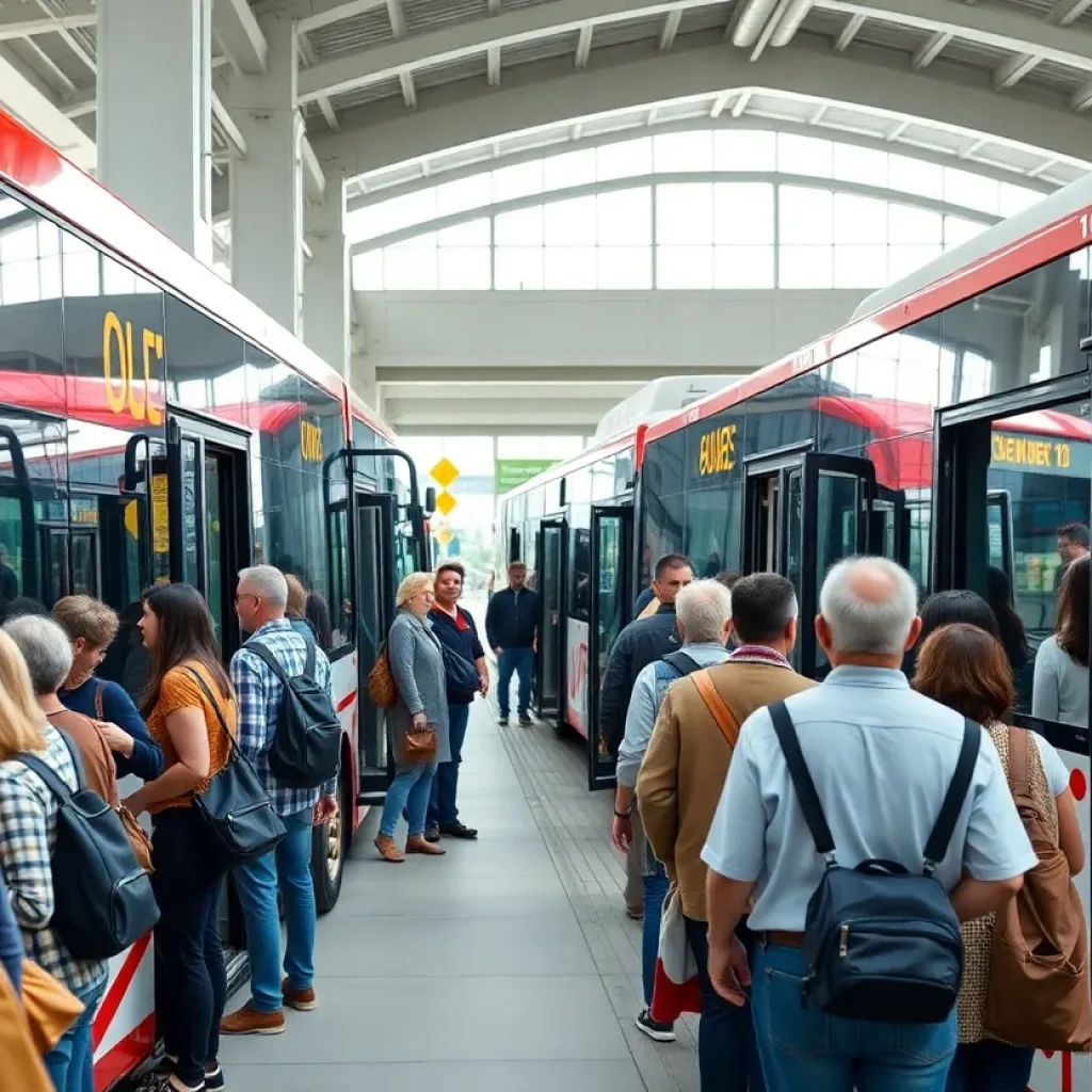 Buses and community members at the Novi Civic Center