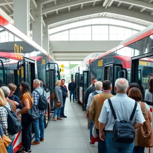 Buses and community members at the Novi Civic Center