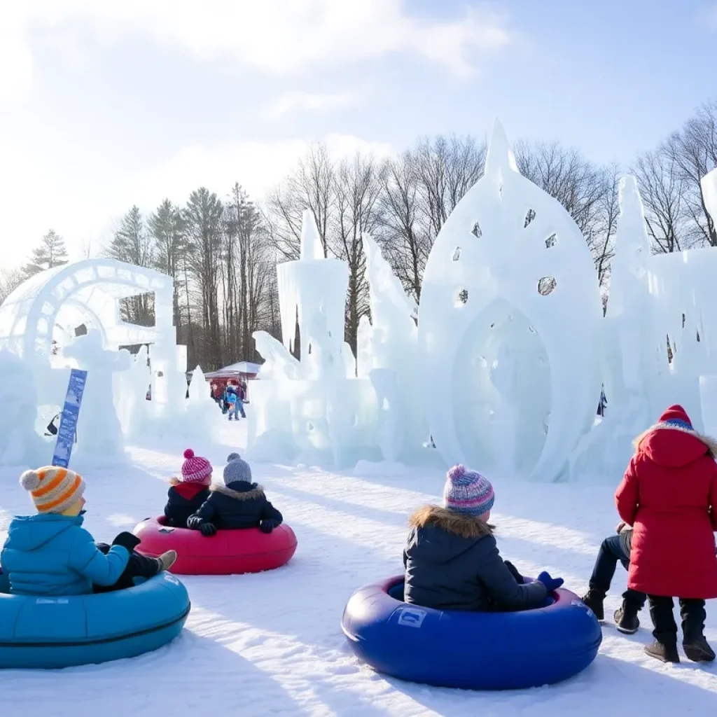 Families enjoying activities at the Plymouth Ice Festival with ice sculptures in the background.