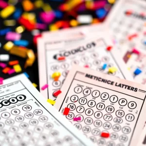 A celebration scene with scratch-off lottery tickets and confetti