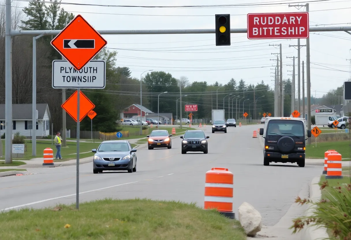 Construction scene in Plymouth Township with traffic disruptions