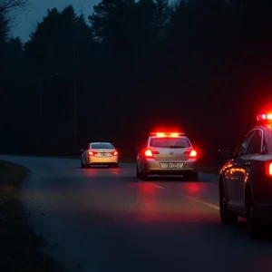 Emergency vehicles at a traffic stop in a wooded area