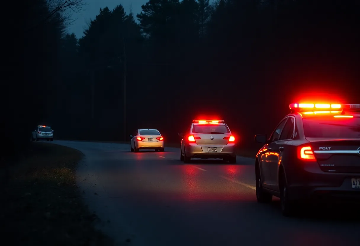 Emergency vehicles at a traffic stop in a wooded area