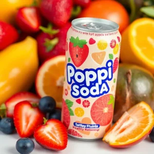 A colorful can of Poppi Soda with fresh fruits.