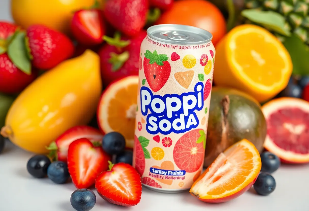 A colorful can of Poppi Soda with fresh fruits.