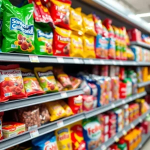 Grocery store shelf filled with snacks using Red Dye No. 3.