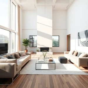 A modern living room after renovation with large windows and elegant finishes.