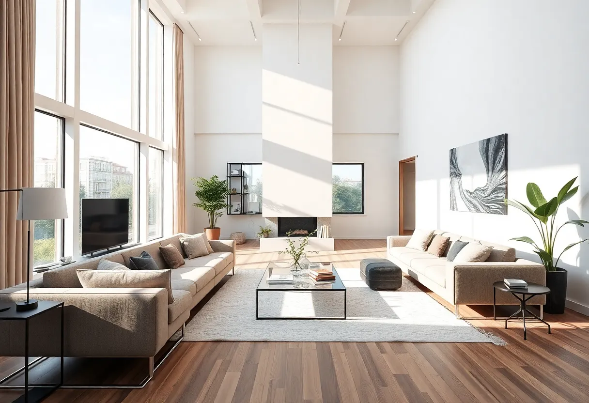 A modern living room after renovation with large windows and elegant finishes.