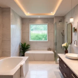 A renovated master bathroom with modern design elements