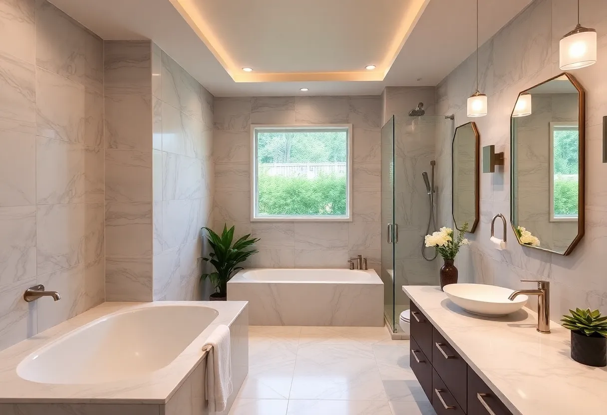 A renovated master bathroom with modern design elements