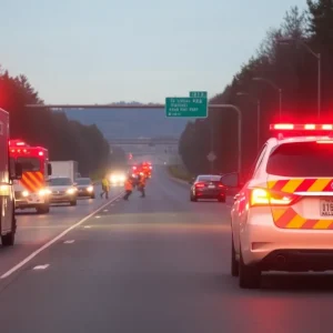 Emergency responders at the site of a car accident on a highway in Romulus, Michigan