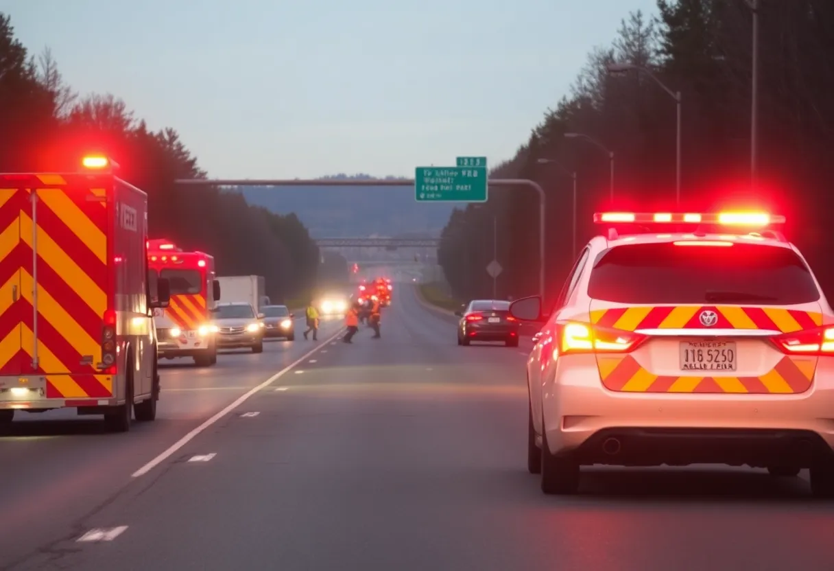 Emergency responders at the site of a car accident on a highway in Romulus, Michigan