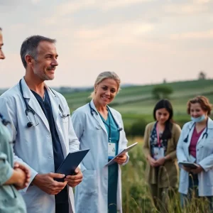 Healthcare professionals collaborating in a rural community setting for palliative care.