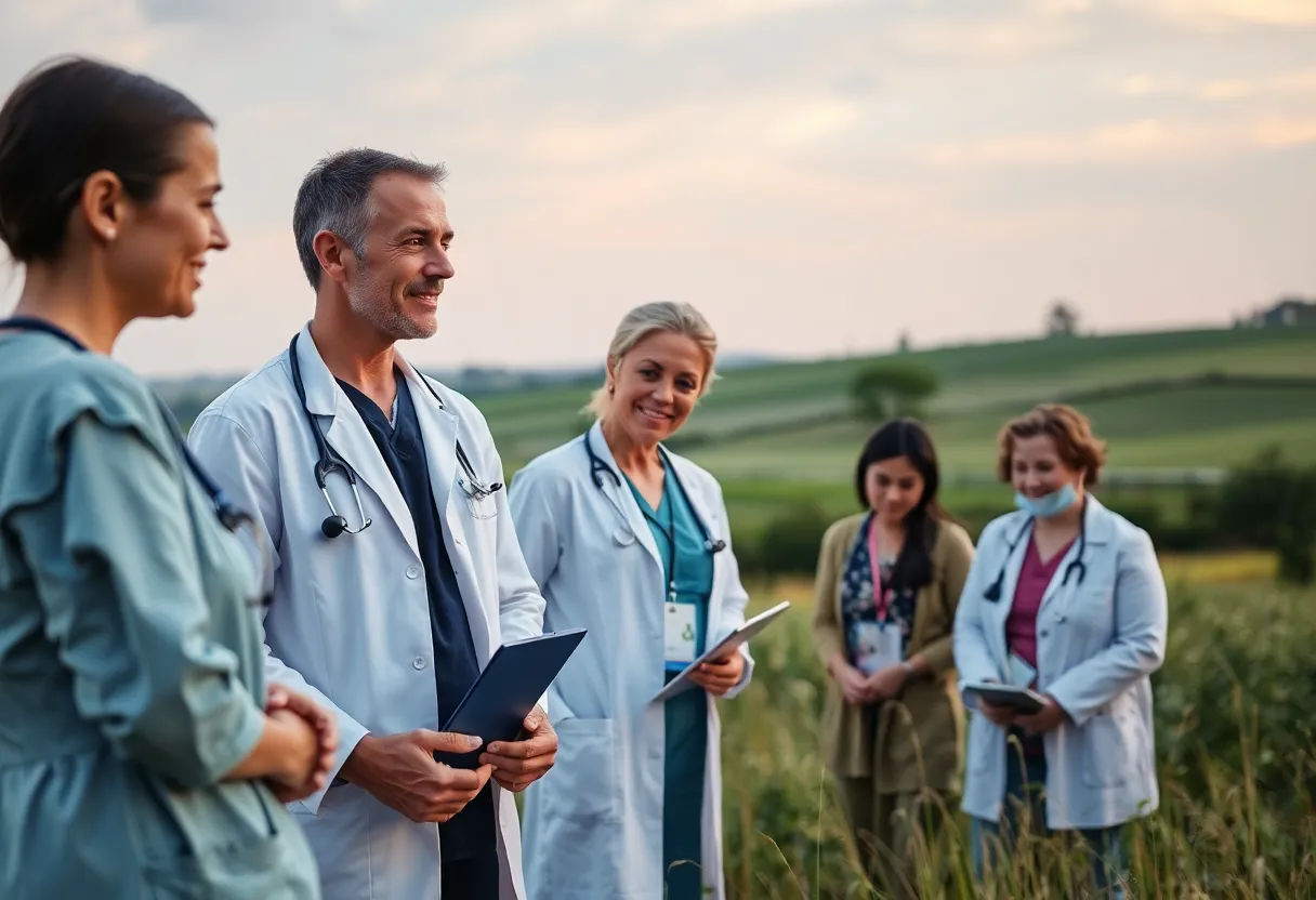 Healthcare professionals collaborating in a rural community setting for palliative care.