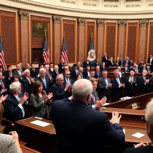 Senators applauding in the Senate chamber for the confirmation of the Secretary of State.