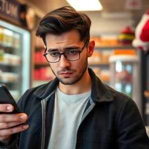 A small business owner anxiously checking TikTok on a smartphone in their shop.