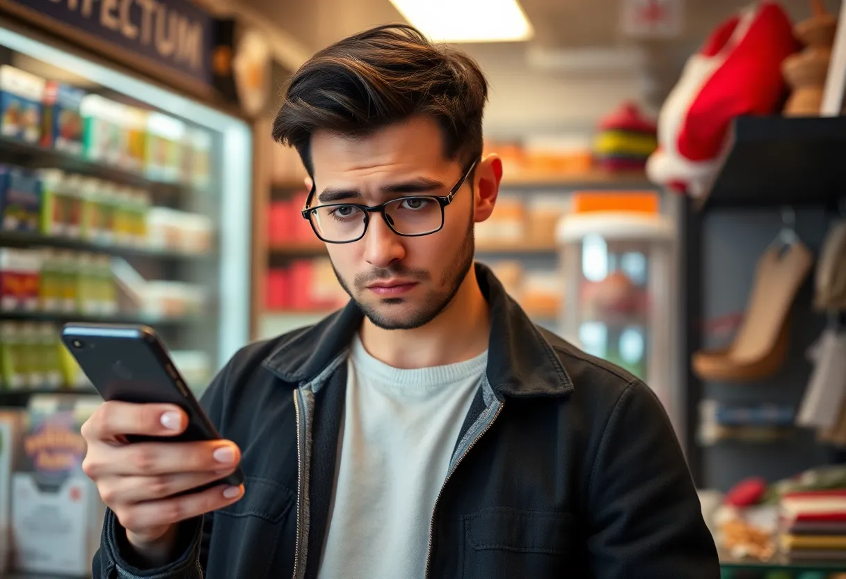 A small business owner anxiously checking TikTok on a smartphone in their shop.