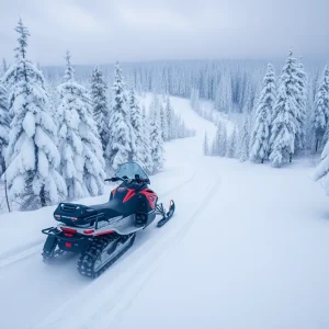 Beautiful snowmobile trail in a winter forest