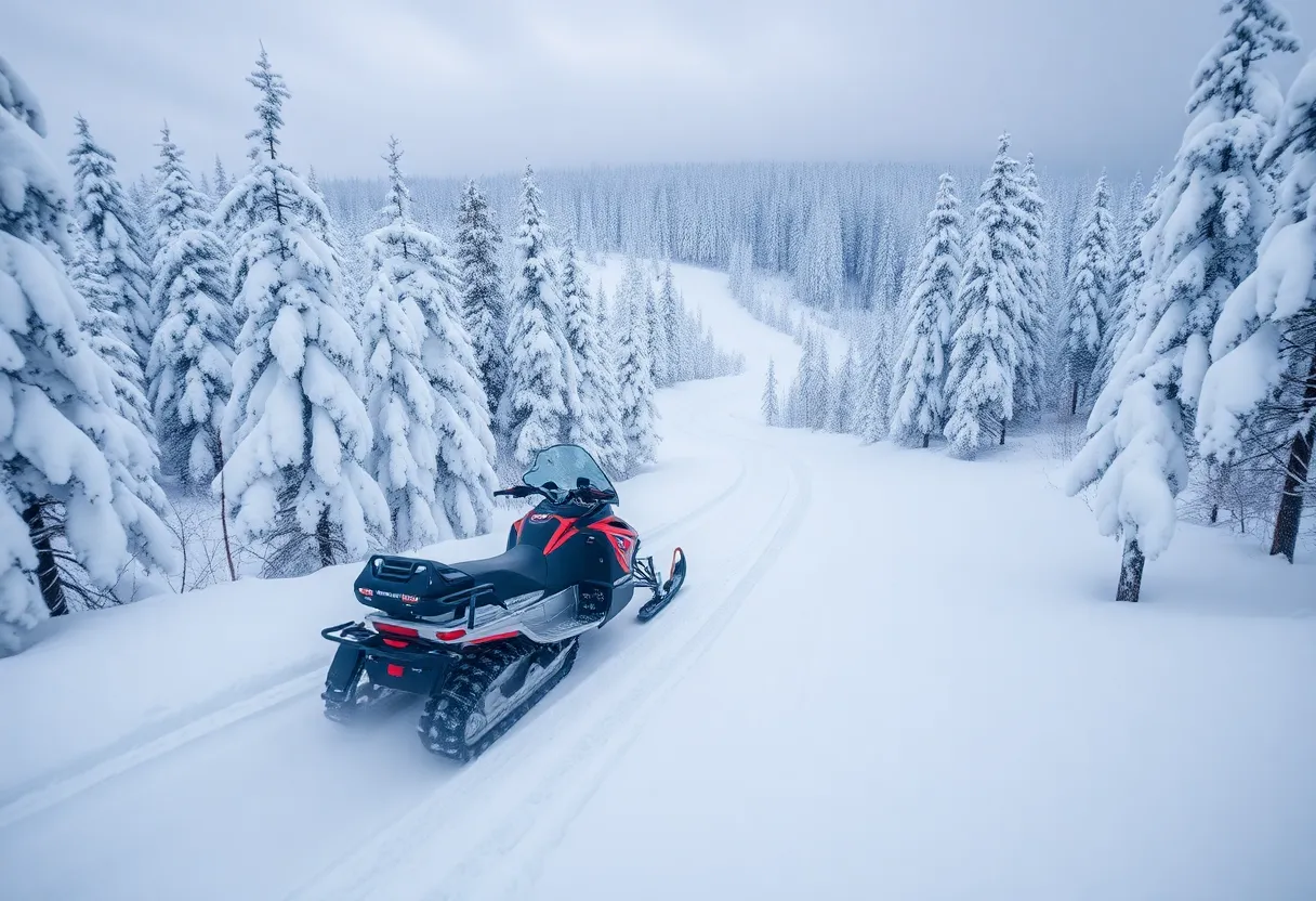 Beautiful snowmobile trail in a winter forest