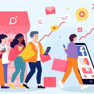 Illustration representing the growth of social media commerce in the UK with various social media icons and shopping elements.