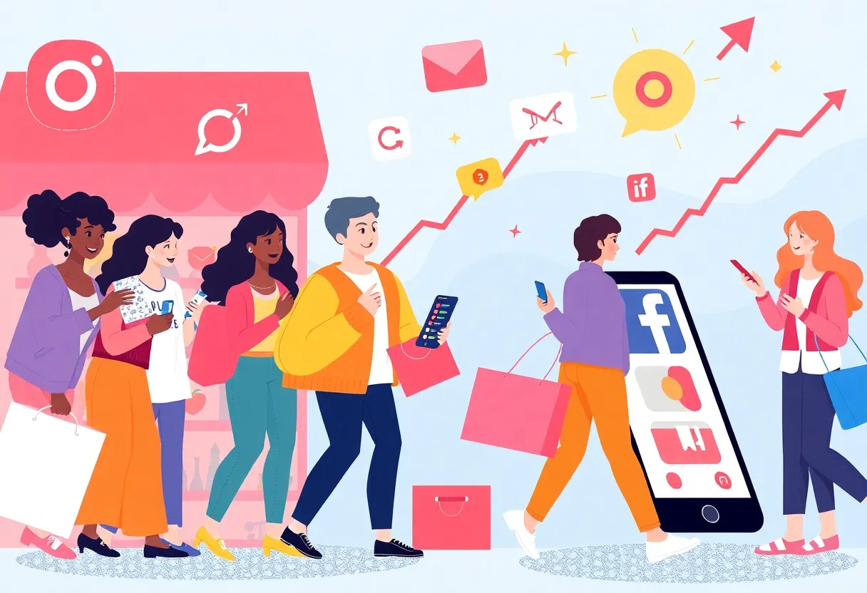 Illustration representing the growth of social media commerce in the UK with various social media icons and shopping elements.