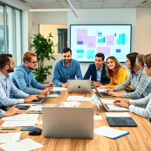 Team discussing social media management budgets in an office.