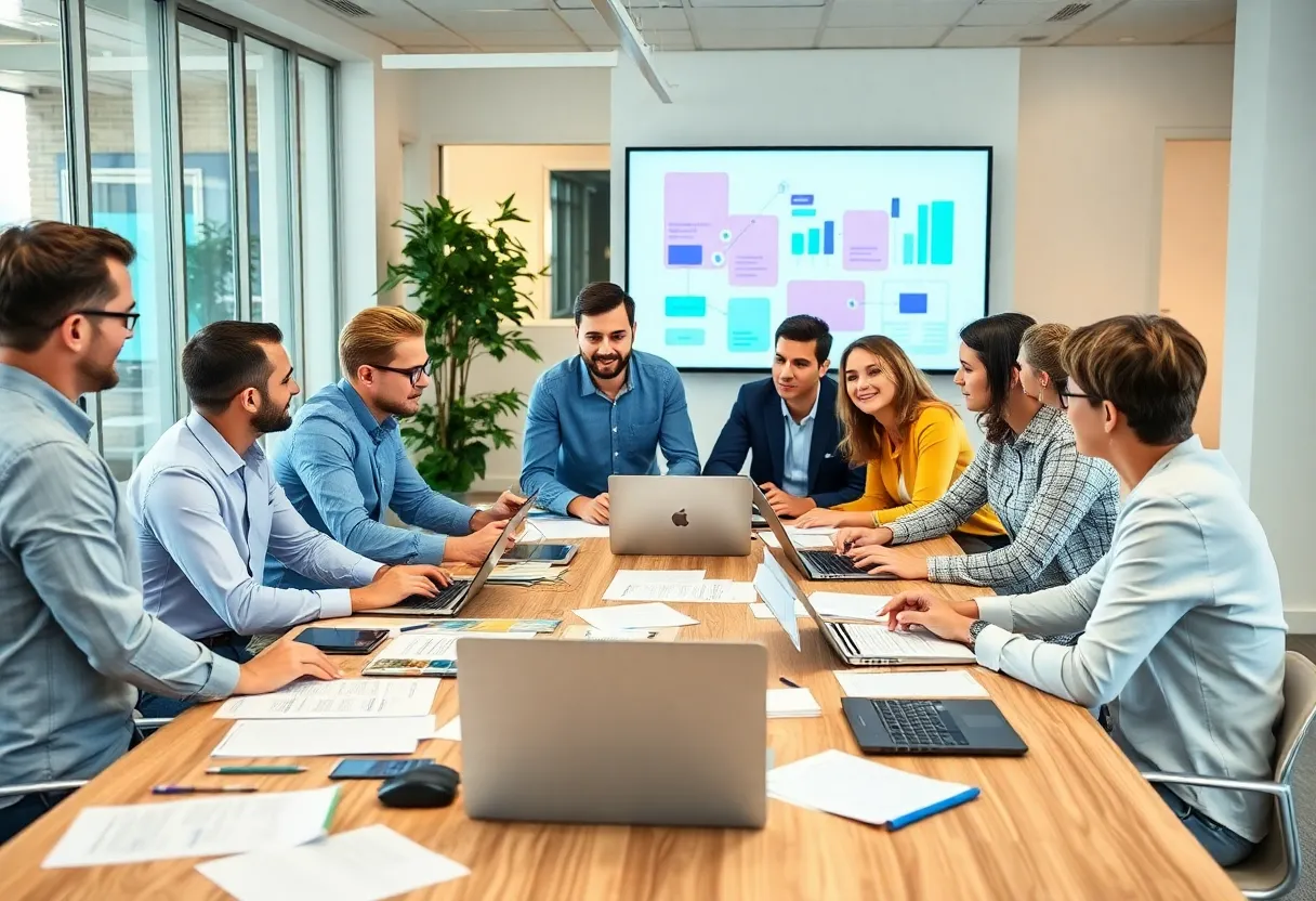 Team discussing social media management budgets in an office.