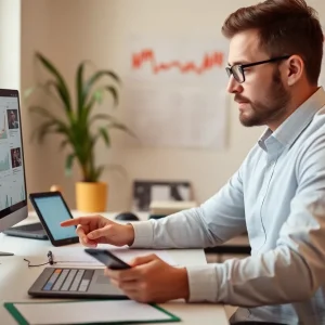 A social media manager analyzing data and creating content.